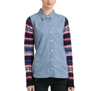 We the Free Chambray Fair Isle Boho Knit Arms Button Down Shirt Size Small